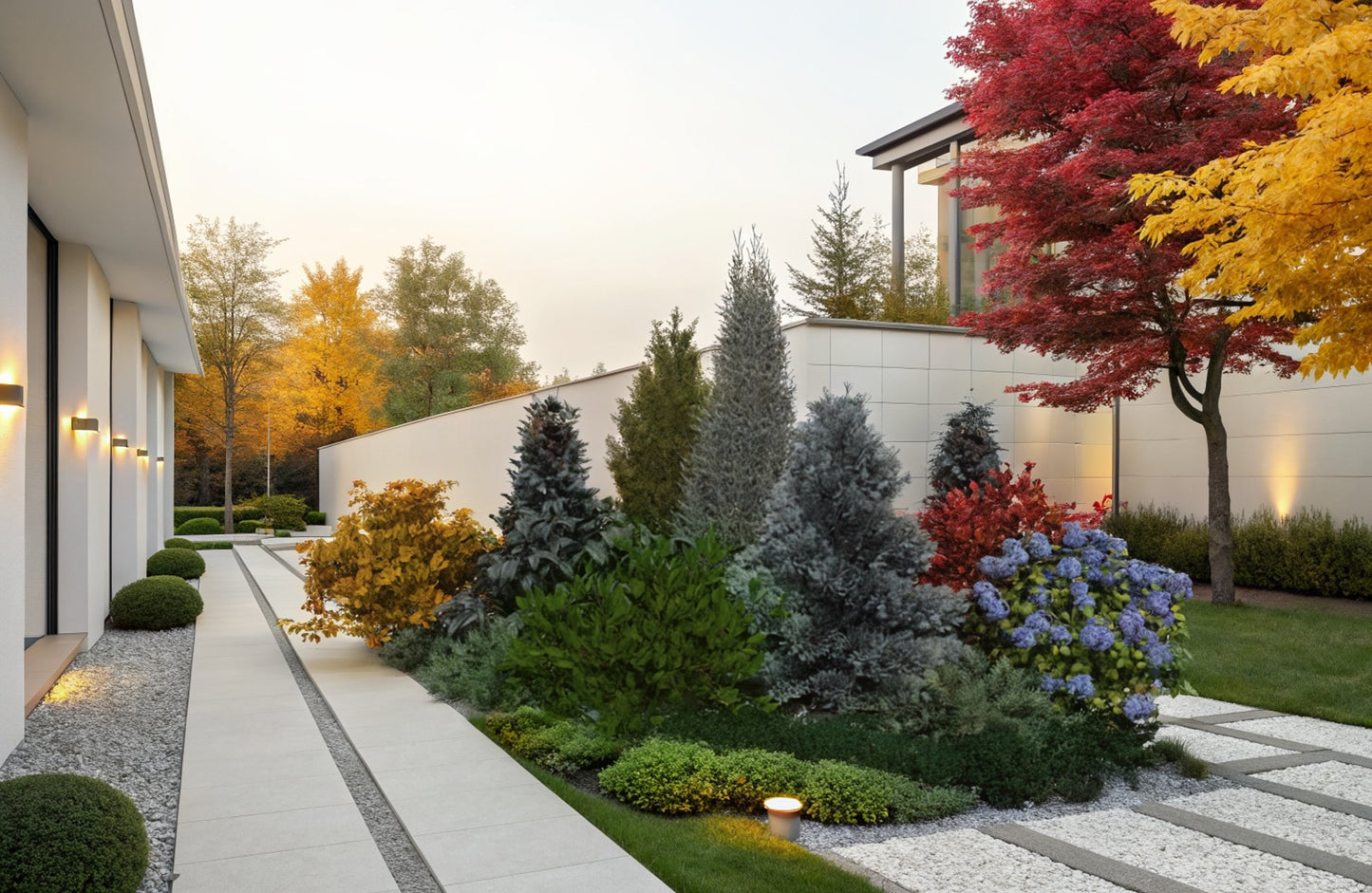 Autumn visualization of the acid-loving evergreen garden bed