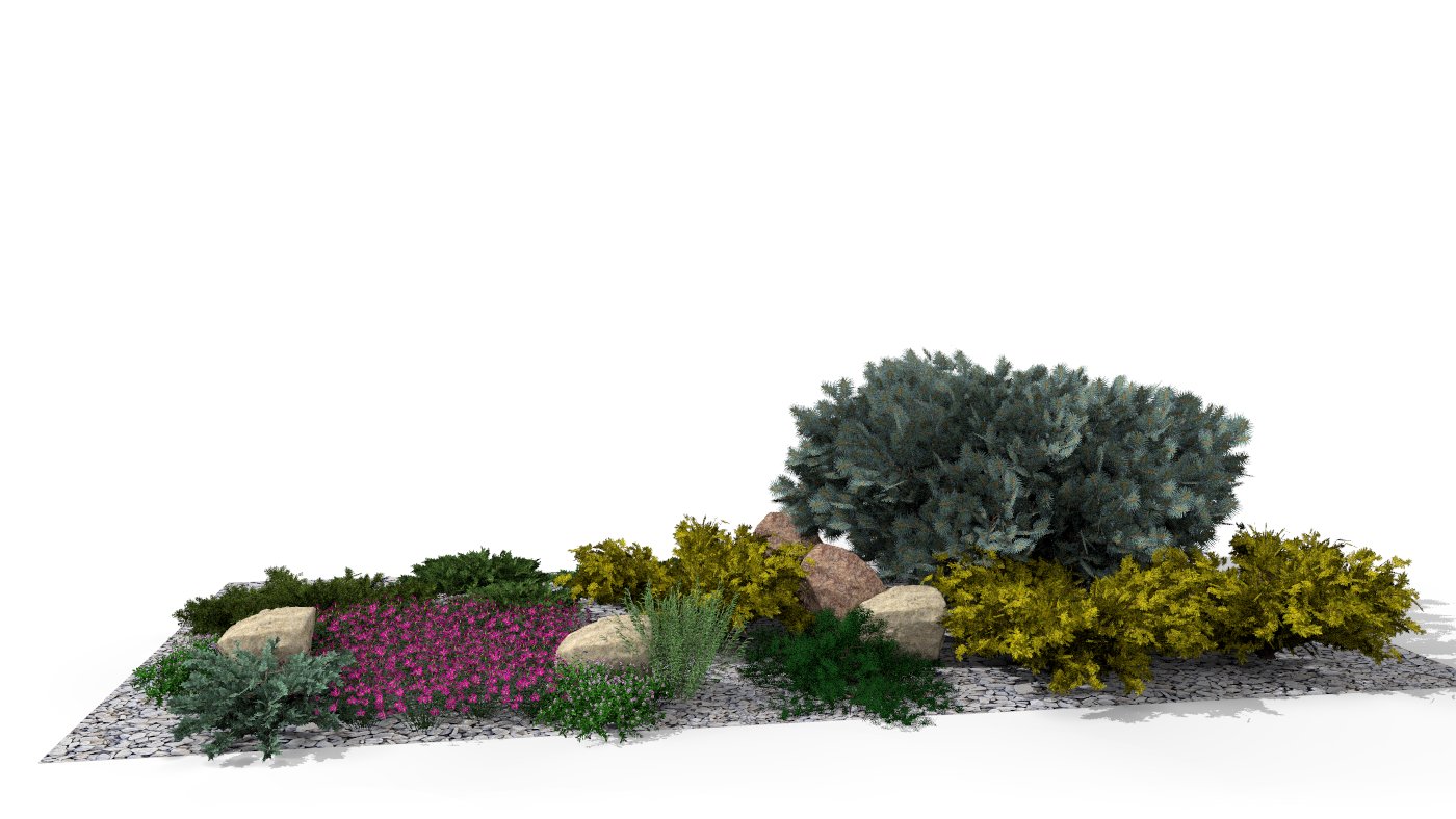 Sunny rock garden bed with contrasting evergreen plants and a cascade of flowering perennials on a gravel base