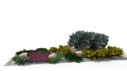 Sunny rock garden bed with contrasting evergreen plants and a cascade of flowering perennials on a gravel base
