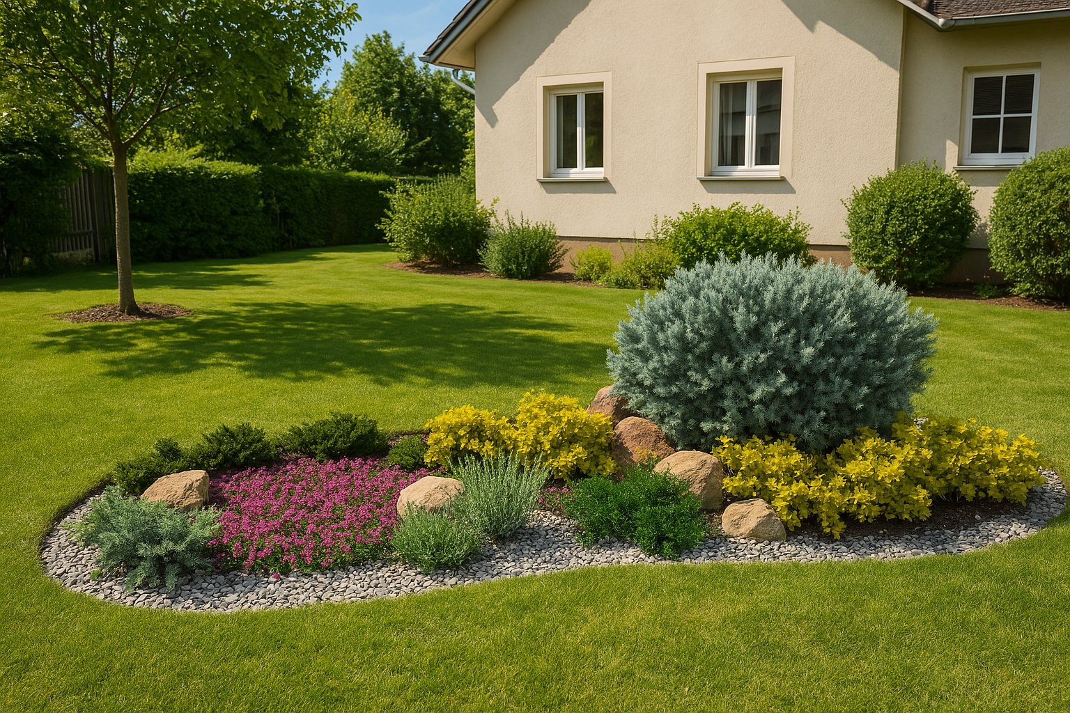 A harmonious rockery on a light gravel base creates an attractive year-round composition in a home garden