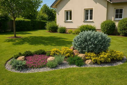 A harmonious rockery on a light gravel base creates an attractive year-round composition in a home garden
