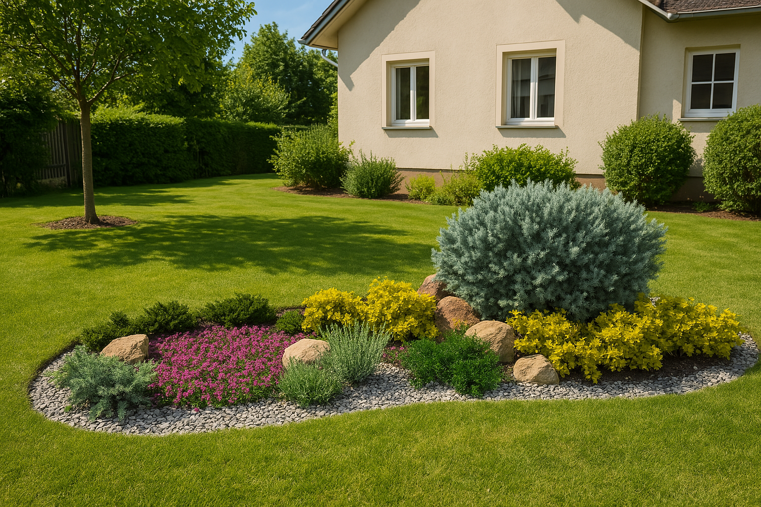 A harmonious rockery on a light gravel base creates an attractive year-round composition in a home garden