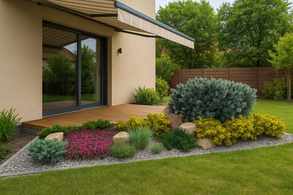 The rockery composition with coniferous shrubs adjoining the terrace creates an attractive relaxation zone
