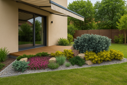 The rockery composition with coniferous shrubs adjoining the terrace creates an attractive relaxation zone
