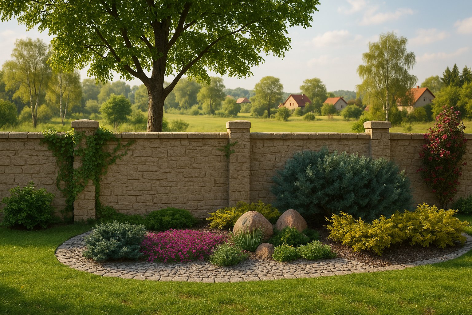A picturesque rockery stretches along a stone wall, where flowering perennials harmonize with coniferous shrubs to create an eye-catching garden composition