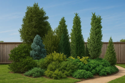 Spring display of the bed - together the plants form a multi-layered, striking visual barrier along the fence, with varied texture and coloration