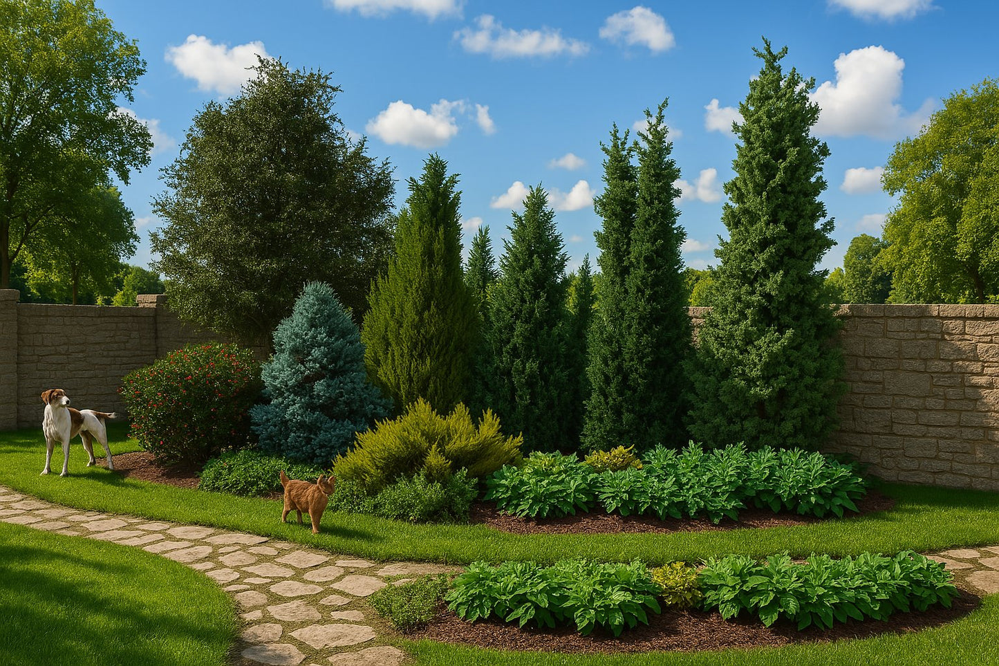 The evergreen bed along a stone wall effectively masks an unattractive fence, creating a striking transition between lawn and wall thanks to the graduated plant heights