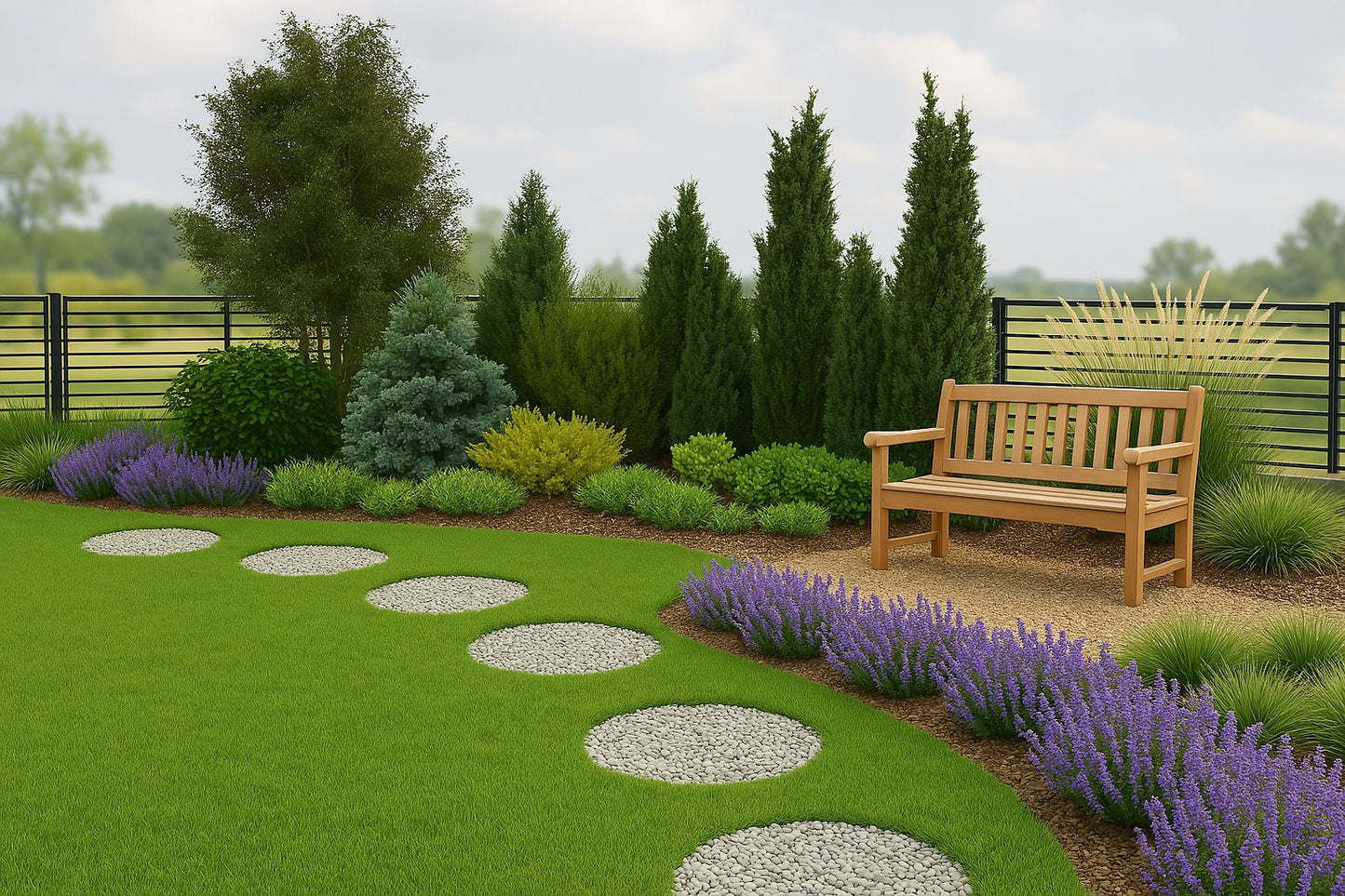 In the summer garden scenery, evergreen shrubs of varying heights and shades create a natural screen for the relaxation area
