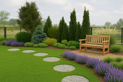 In the summer garden scenery, evergreen shrubs of varying heights and shades create a natural screen for the relaxation area