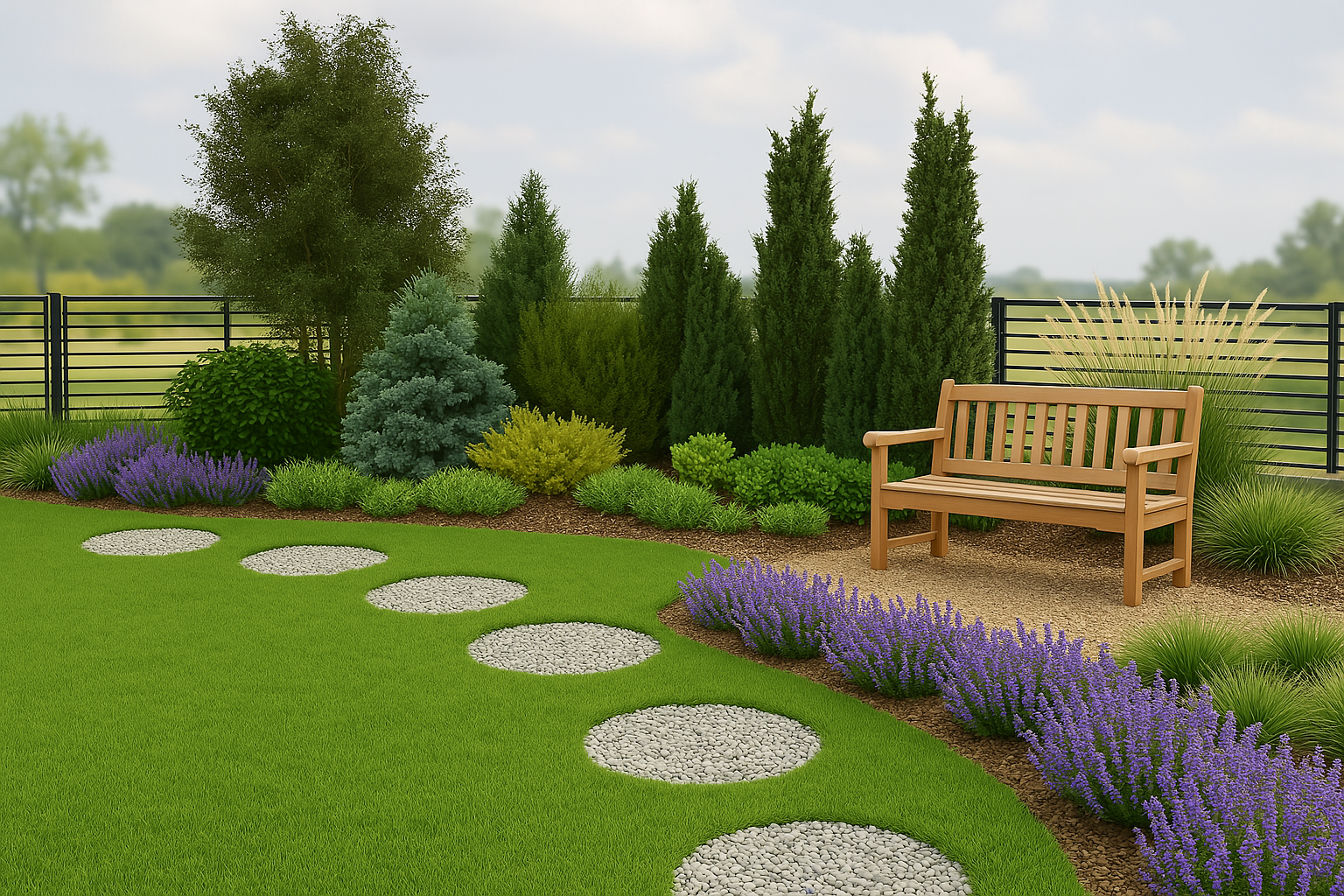 In the summer garden scenery, evergreen shrubs of varying heights and shades create a natural screen for the relaxation area