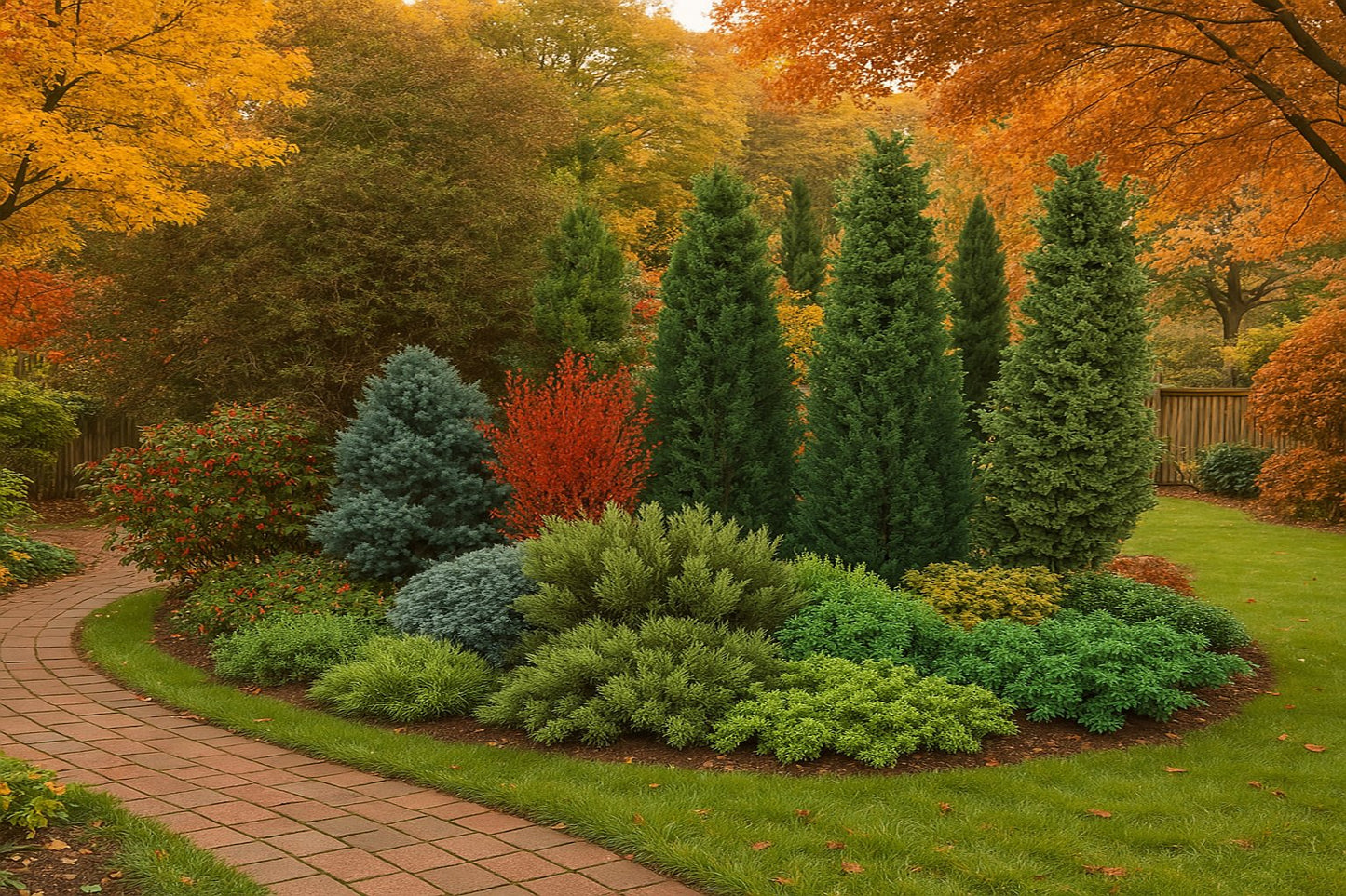 In autumn, a red accent contrasts in the arrangement with shades of green and the silvery blue of the conifers