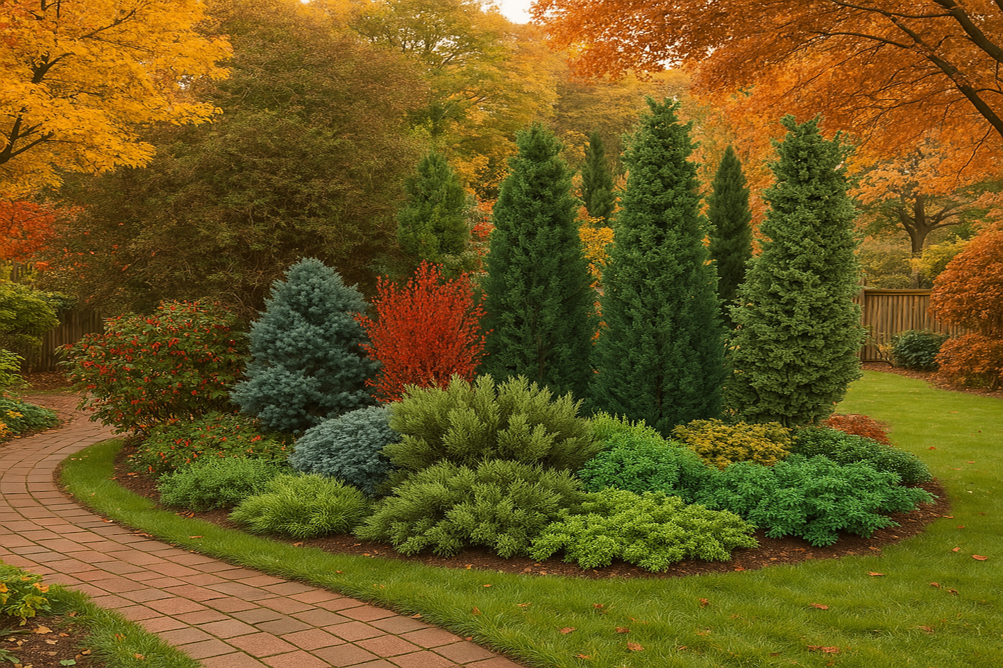 In autumn, a red accent contrasts in the arrangement with shades of green and the silvery blue of the conifers