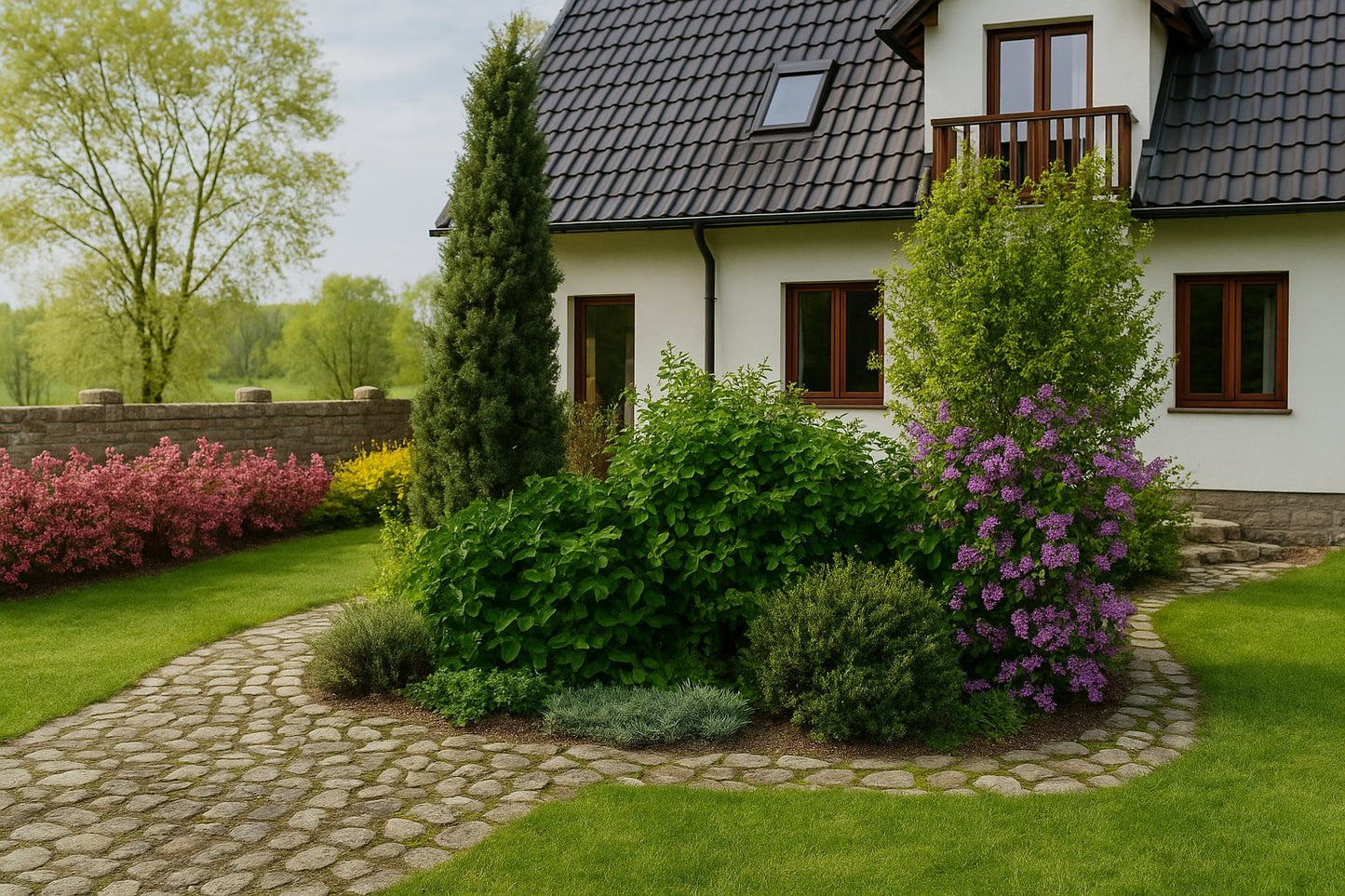 The bed's spring display by the house wall - purple accents of flowering rhododendrons appear among the evergreen shrubs, creating a calm, elegant composition