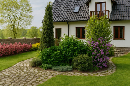 The bed's spring display by the house wall - purple accents of flowering rhododendrons appear among the evergreen shrubs, creating a calm, elegant composition
