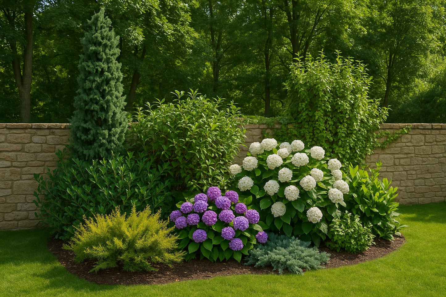 A charming corner of the summer garden in the shade of a stone wall - lush hydrangeas show off their blooms, creating a colorful harmony with the conifers and evergreen plants