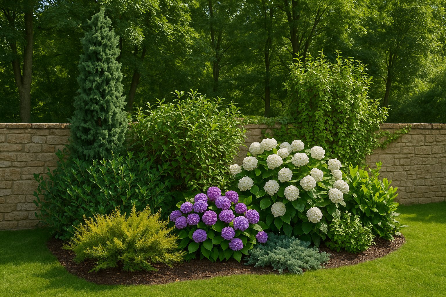 A charming corner of the summer garden in the shade of a stone wall - lush hydrangeas show off their blooms, creating a colorful harmony with the conifers and evergreen plants