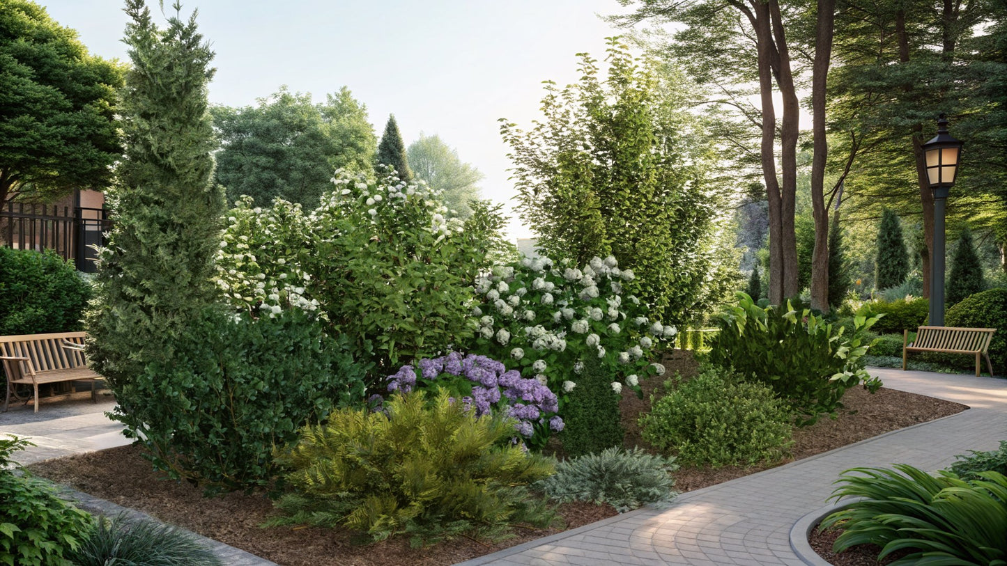 An elegant composition combining evergreen shrubs in shades of green and gold with showy hydrangeas, creating a harmonious bed for a shaded spot in the garden