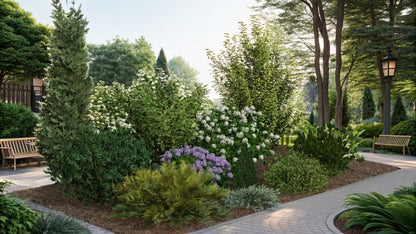 An elegant composition combining evergreen shrubs in shades of green and gold with showy hydrangeas, creating a harmonious bed for a shaded spot in the garden