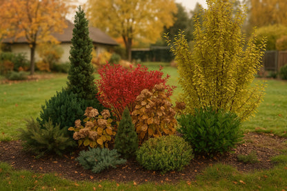 In autumn the bed captivates with the warm colors of turning dogwood leaves and dried hydrangea flower heads against a backdrop of evergreen shrubs