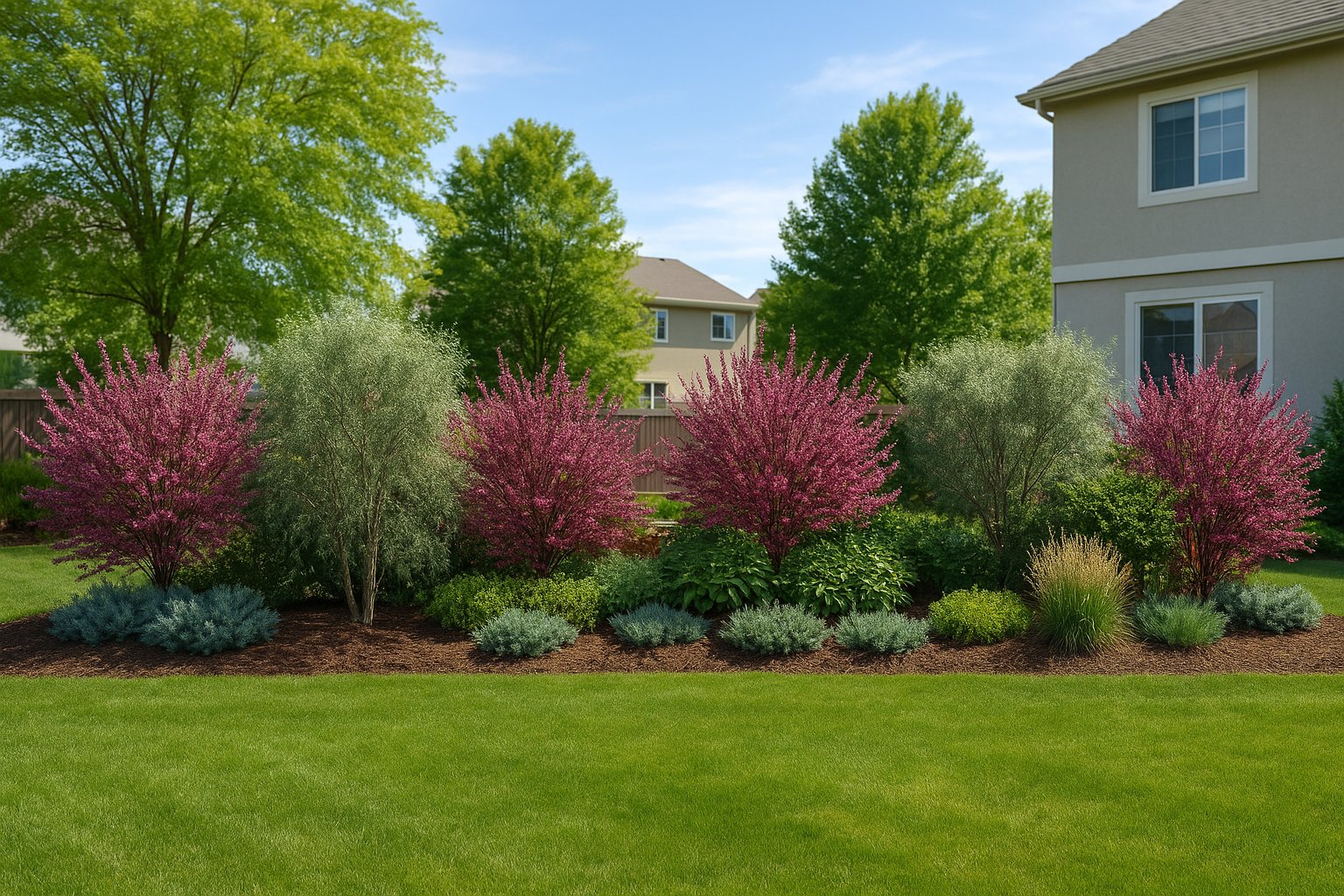 The composition in summer with flowering barberries, silvery junipers, and golden grasses in full growth