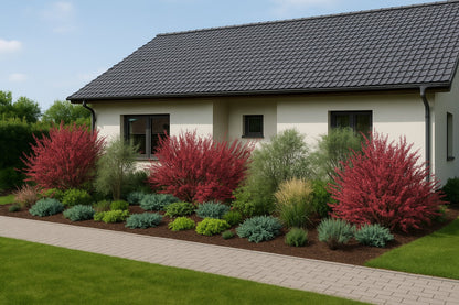 The summer bed with intensely red barberries and contrasting silvery shrubs decorates a path by the house