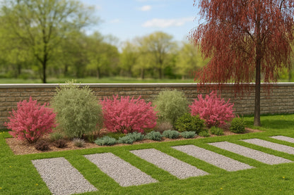 In spring, the bed comes alive with pink barberry blossoms and fresh juniper growth, enlivening a stone wall