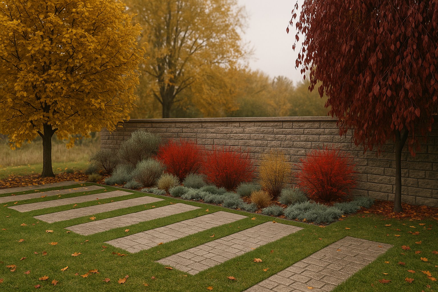 Autumn view of the composition with striking foliage colors and the flower heads of ornamental grasses