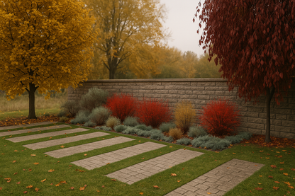Autumn view of the composition with striking foliage colors and the flower heads of ornamental grasses
