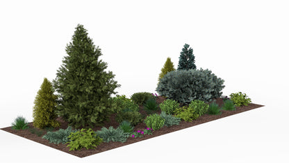 In spring the conifers come alive with fresh green growth, while the first flowering perennials add colorful accents between the dwarf shrubs