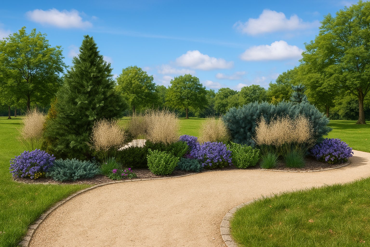 In early summer, flowering bellflowers in shades of purple and golden ornamental grasses contrast with evergreen conifers against a lush lawn