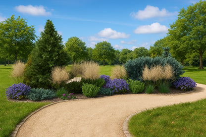 In early summer, flowering bellflowers in shades of purple and golden ornamental grasses contrast with evergreen conifers against a lush lawn