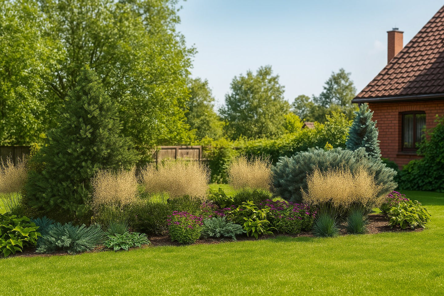 In late summer, golden grasses in their full glory contrast with flowering stonecrops and silvery conifers