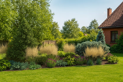 In late summer, golden grasses in their full glory contrast with flowering stonecrops and silvery conifers
