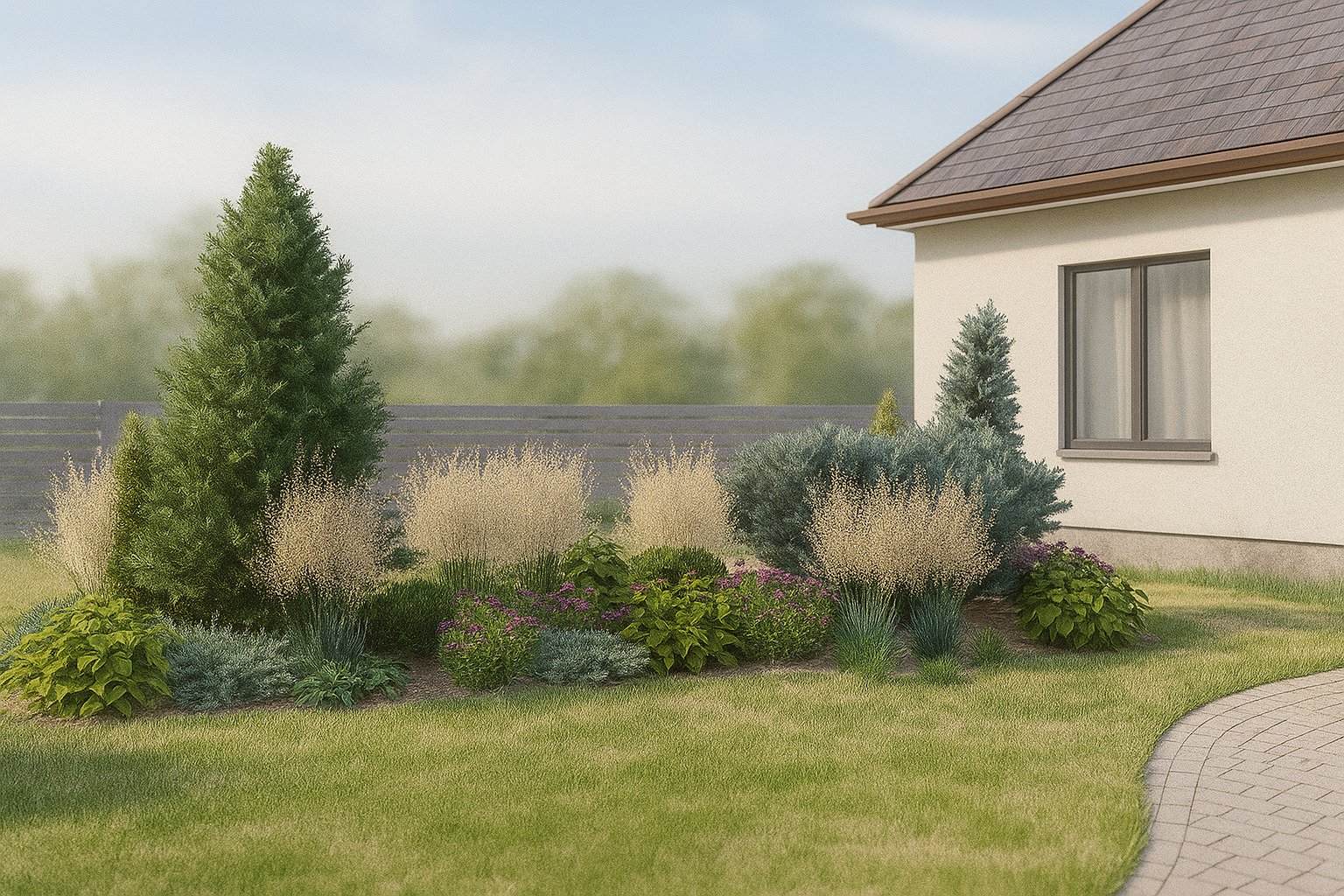 At summer's end, golden ornamental grasses dominate the bed with their feathery plumes, while clumps of stonecrop form visual bridges between the structural conifers