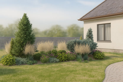 At summer's end, golden ornamental grasses dominate the bed with their feathery plumes, while clumps of stonecrop form visual bridges between the structural conifers