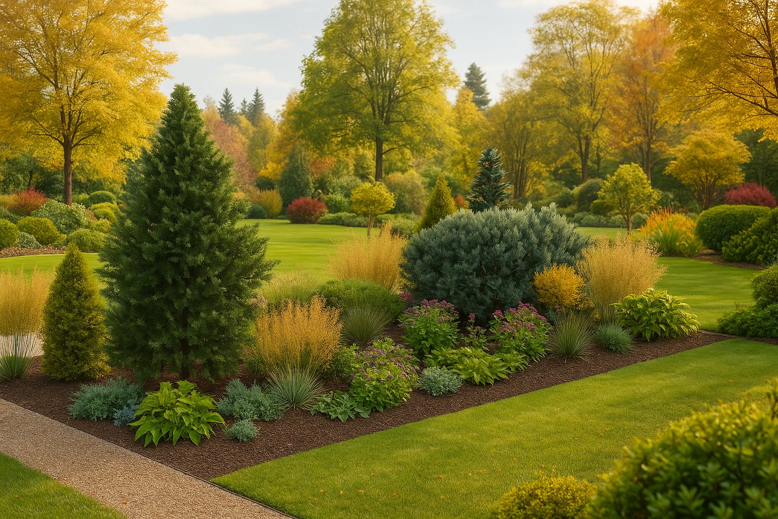 In autumn, fiery ornamental grasses glow against colorful foliage alongside conifers and flowering stonecrops, tying together different zones of the garden