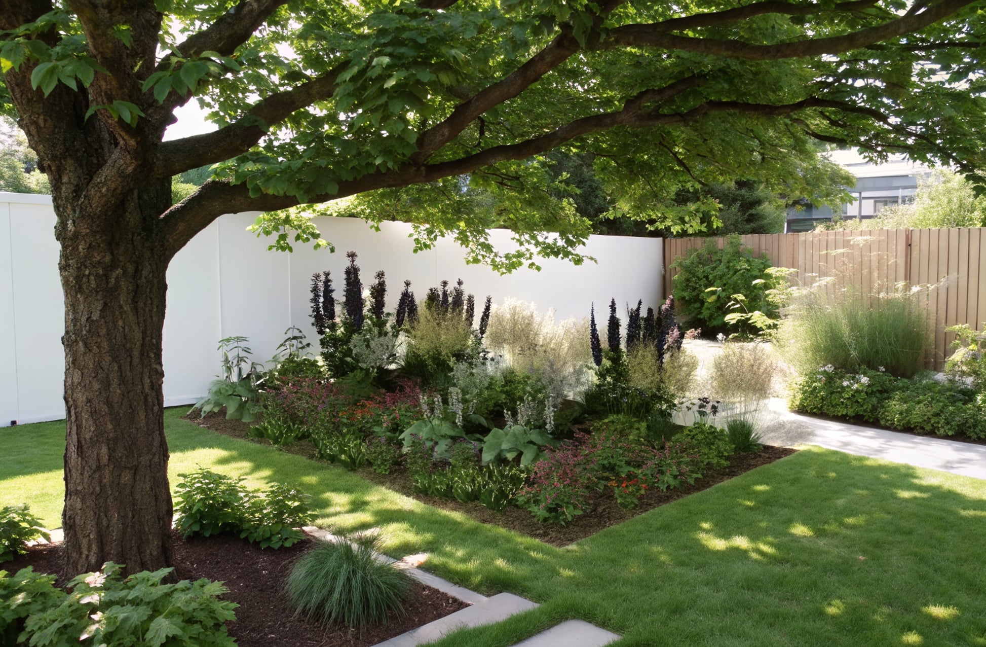 The turn of spring and summer - a wealth of textures and forms with prominent accents of lily of the valley, hostas, and majestic delphiniums beneath the tree canopy