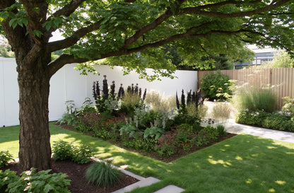 The turn of spring and summer - a wealth of textures and forms with prominent accents of lily of the valley, hostas, and majestic delphiniums beneath the tree canopy