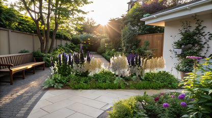 The sensory perennial border creates a harmonious transition between the sunny part of the garden and a shaded corner