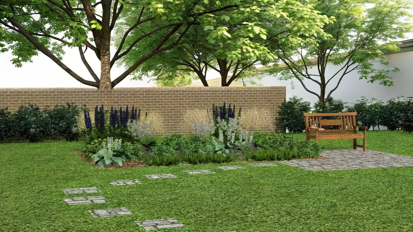 The naturalistic perennial border under trees creates a secluded resting spot with a stylish bench, where purple delphiniums and airy grasses contrast with a brick-red wall