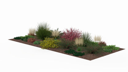 In summer the bed is dominated by lush shrubs in shades of green and red, interwoven with ornamental grasses and low ground-cover plants