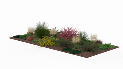 In summer the bed is dominated by lush shrubs in shades of green and red, interwoven with ornamental grasses and low ground-cover plants