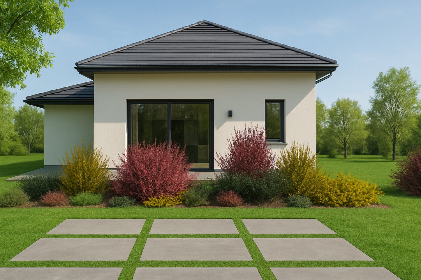 In springtime, flowering brooms, colorful barberries, and creeping junipers create a harmonious composition by the terrace