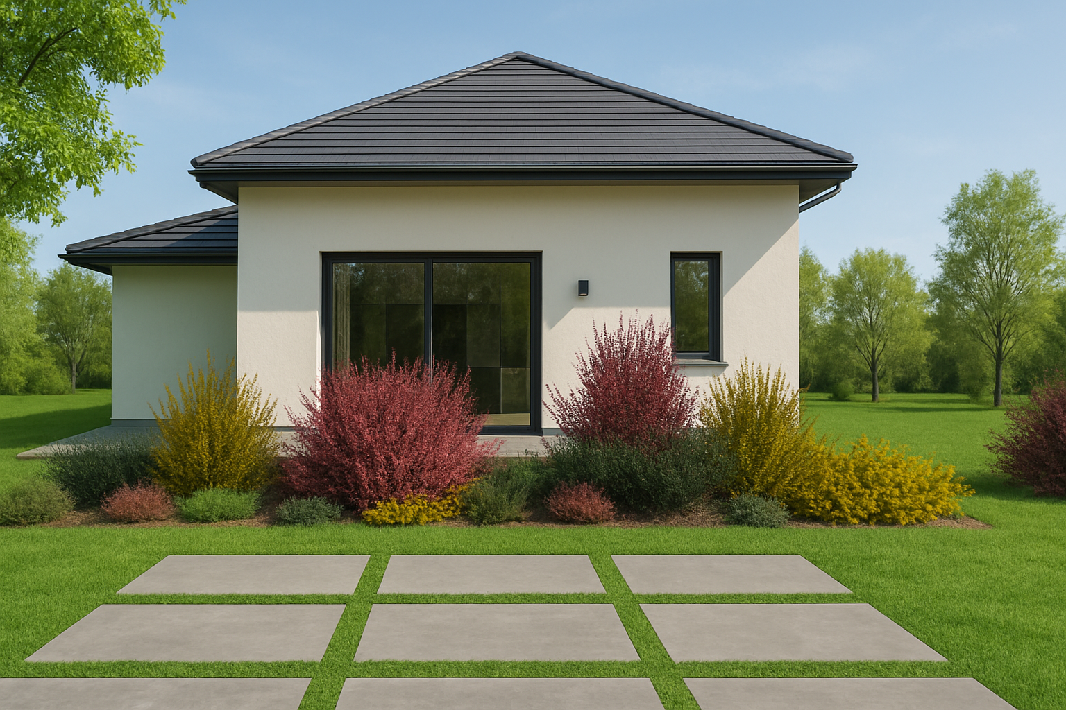 In springtime, flowering brooms, colorful barberries, and creeping junipers create a harmonious composition by the terrace