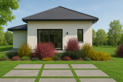 In springtime, flowering brooms, colorful barberries, and creeping junipers create a harmonious composition by the terrace