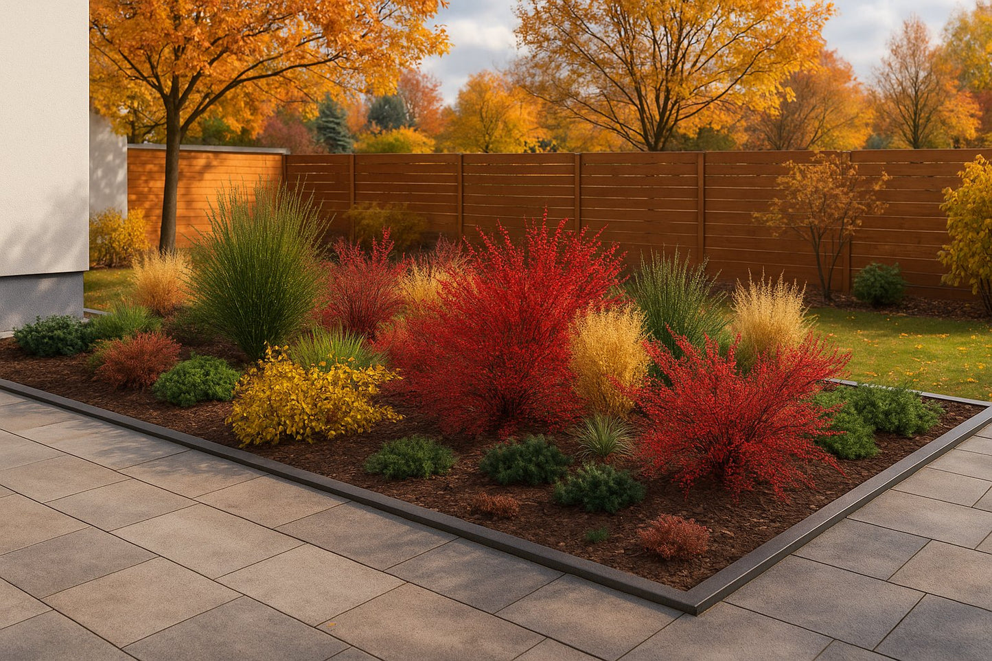 In autumn the bed captivates with intensely red barberries and decorative ornamental grasses