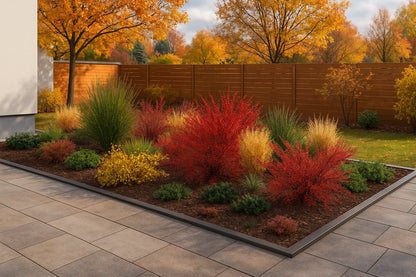 In autumn the bed captivates with intensely red barberries and decorative ornamental grasses