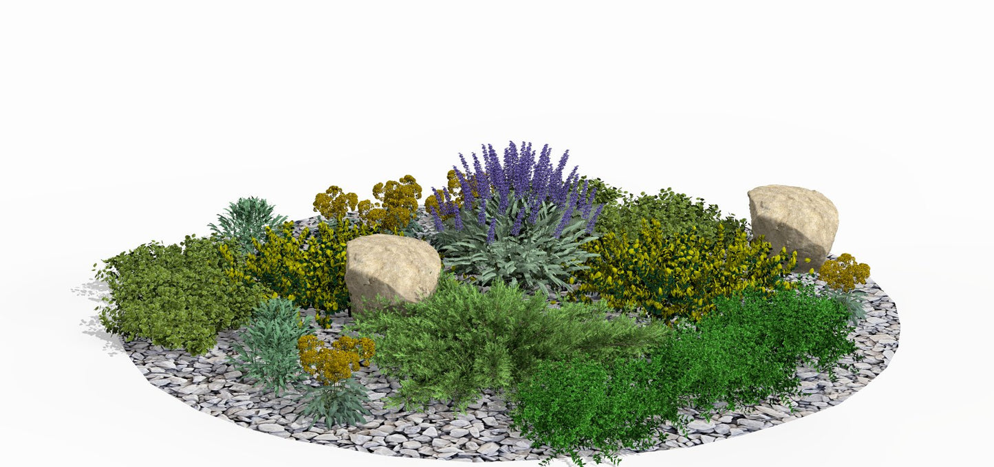 Circular rock garden bed in full spring bloom, adorned with natural boulders