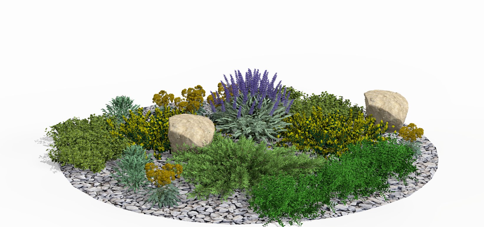 Circular rock garden bed in full spring bloom, adorned with natural boulders