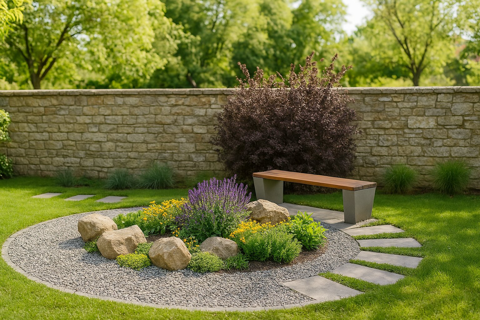 A spring focal point in the garden - the rock garden bed surrounded by boulders and gravel creates an intimate relaxation space